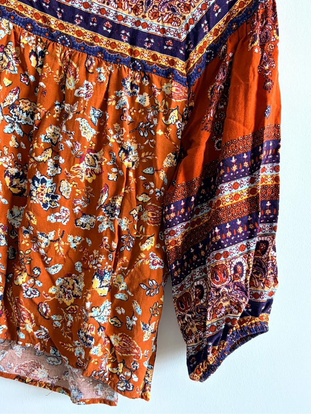 Eyeshadow Burnt Orange Floral Peasant Blouse with Navy Accents - Picture 4 of 5